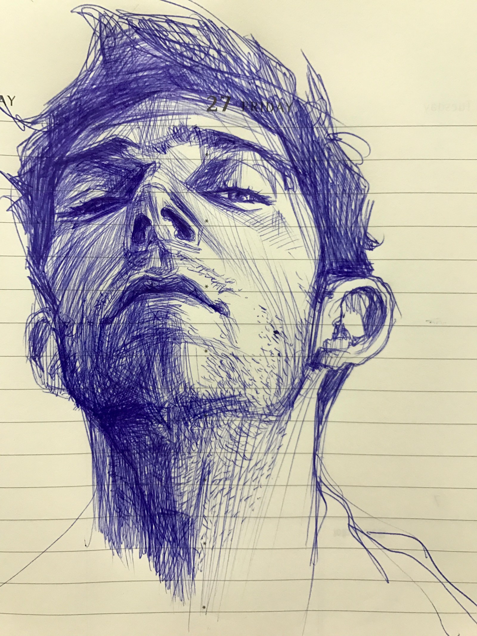 Drawing with a blue pen